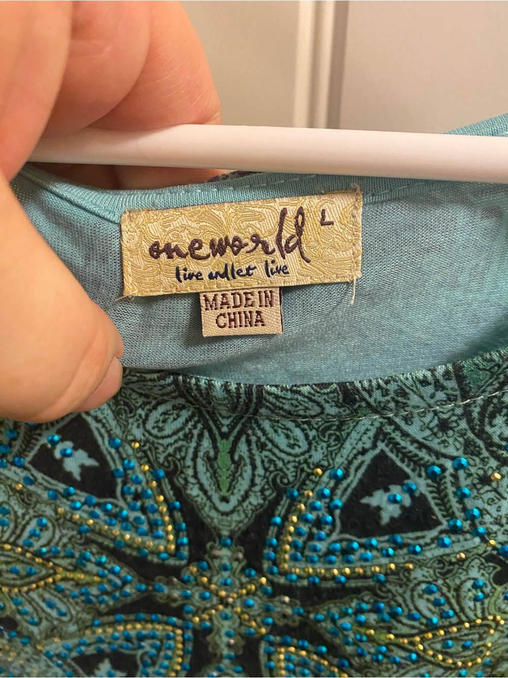 NWT One World L Top Bling Sublimation Blouse Large Lace Trim Shirt Blue Green Lg - Picture 4 of 10